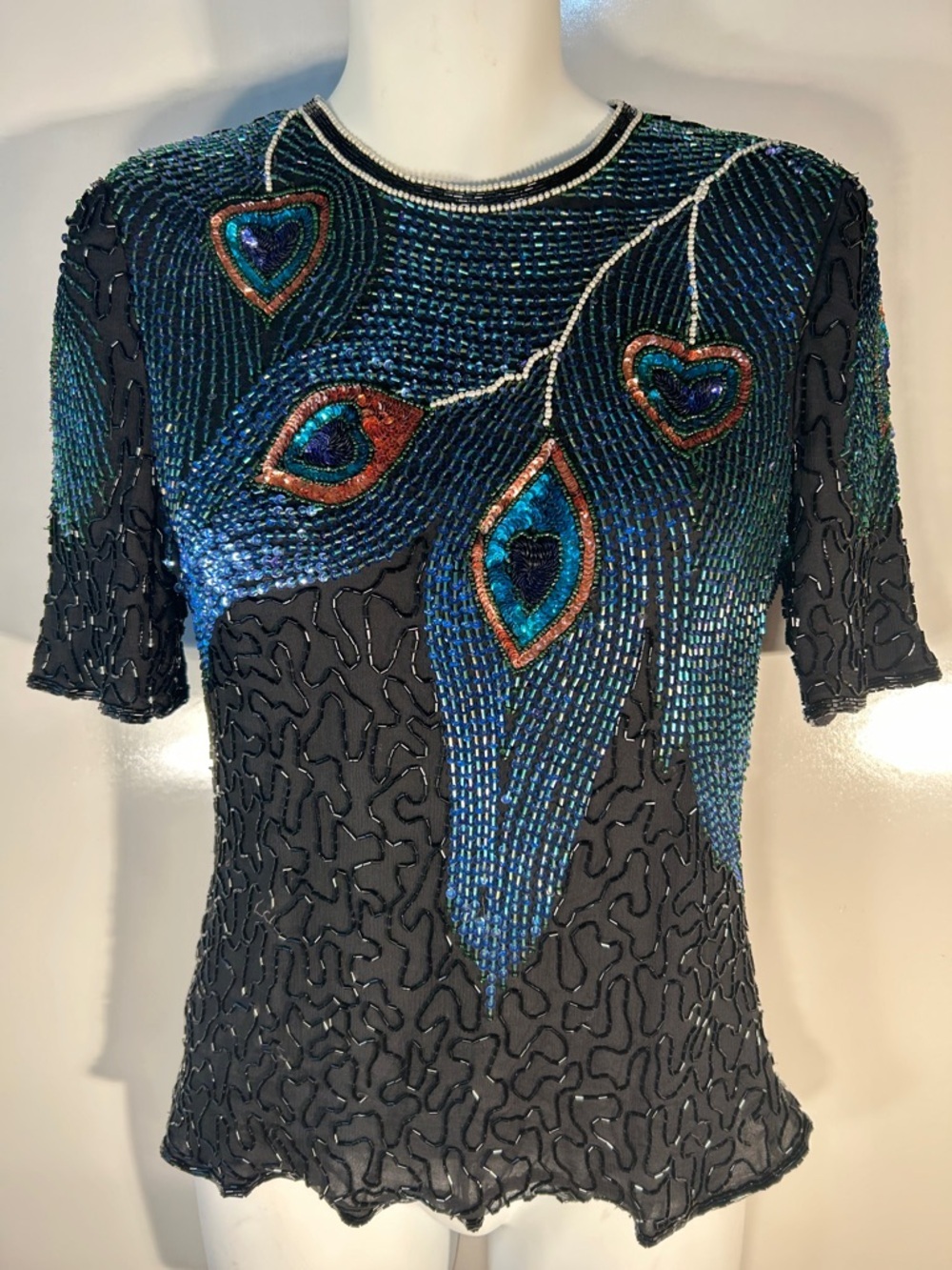 Laurence Kazar SZ L Black Sequin Peacock Beaded Top Vintage 80's Glam Fairy Core